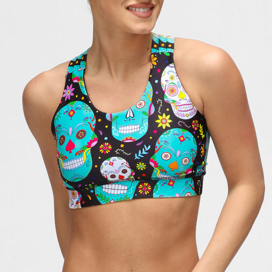 Minty Skulls Cross Back Bra